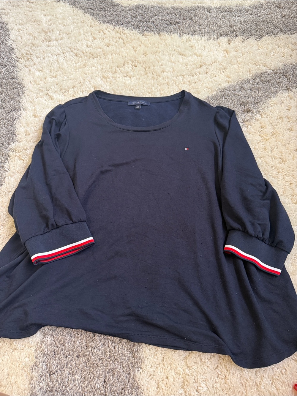 Tommy Hilfiger Navy Puff Sleeve Top with Red & White Stripe Cuffs